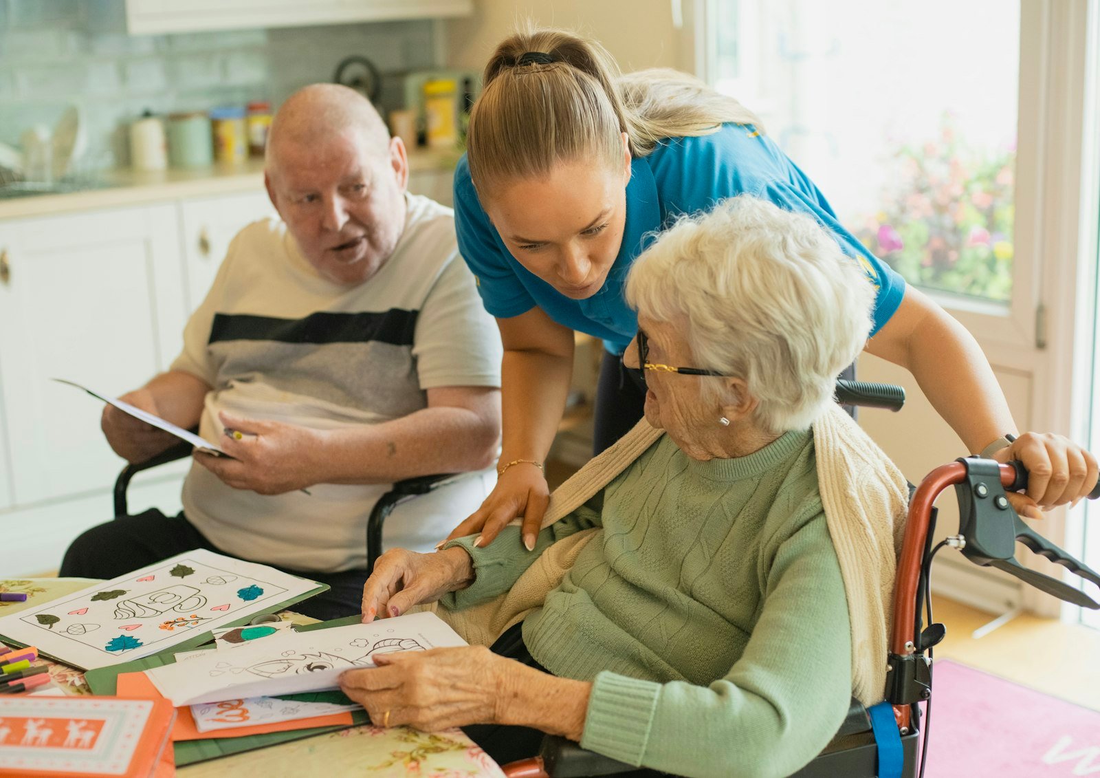 Caregiver warmly welcoming a client